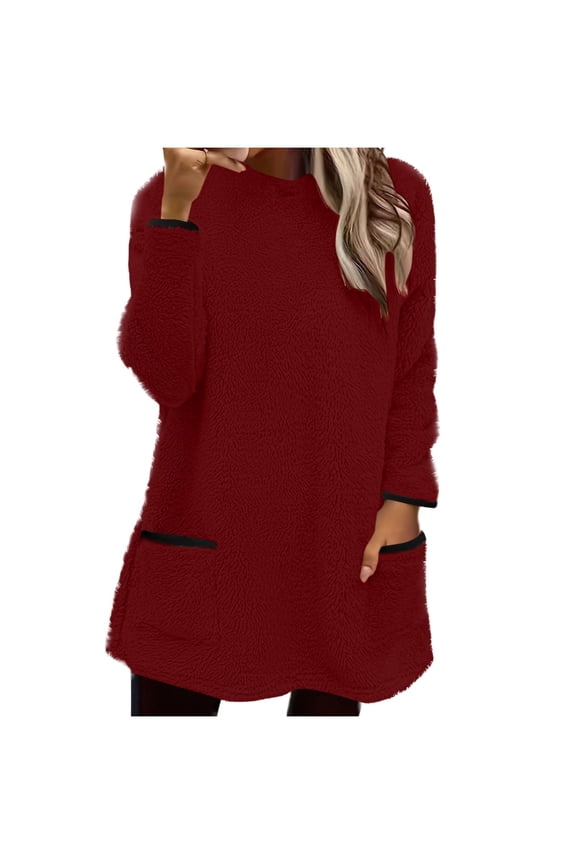 Fall Winter Womens Lounge Tops Fuzzy Long Pullover with Pockets Fleece Casual Crewneck Sweatshirts