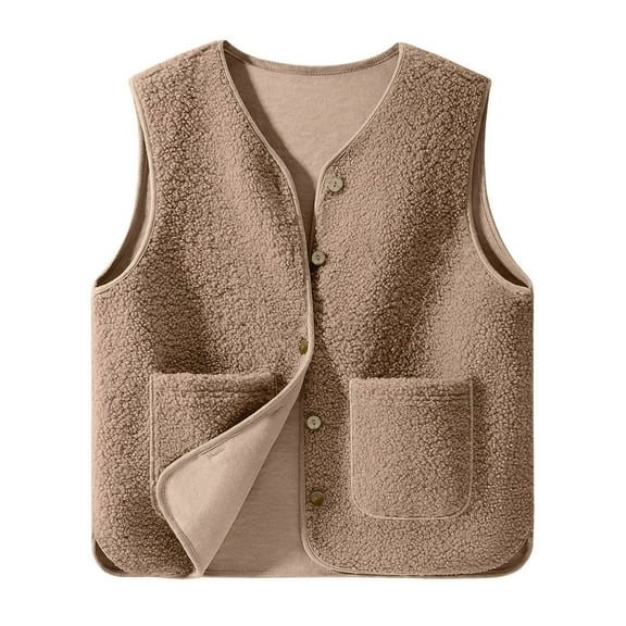 Plebaso Fleece Vest for Women V Neck Lightweight Outerwear Button down Sleeveless Jacket with Pockets