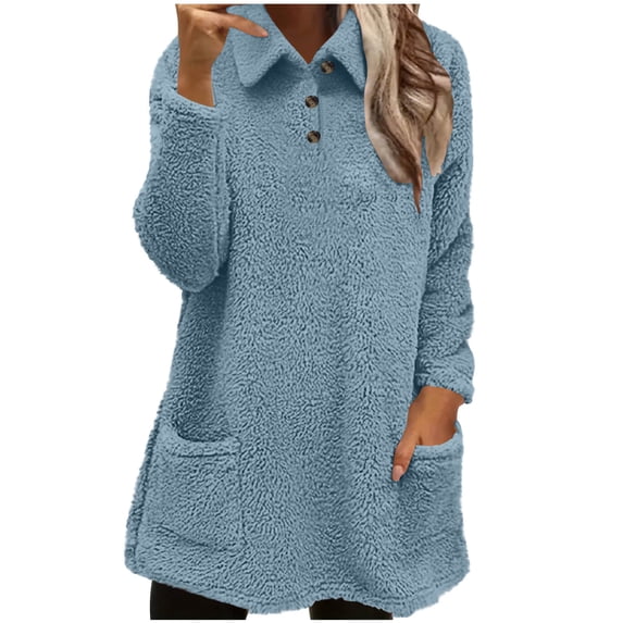 Plebaso Fuzzy Fleece Sweatshirts for Women Button Collared Long Pullover Womens Soft Tops with Pockets