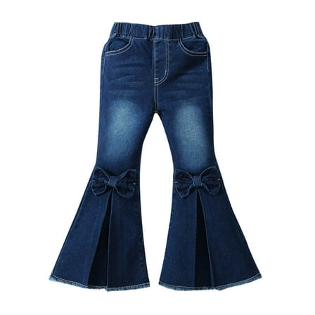 Plebaso Girls Bell-bottom Jeans Elastic Waist Casual Solid Color Full Length Denim Pants Baby Clothes