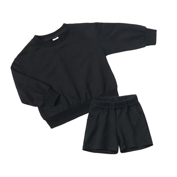 Plebaso Girls Boys Two-piece Set Solid Color Fall Winter Long Sleeve Round-Neck Blouses And Casual Shorts Baby Suit
