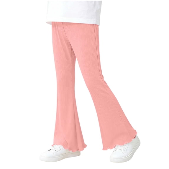 Plebaso Girls Casual Flare Pants Elastic Waist Ribbed Ruffle Bell Bottom Lightweight Sweat Pants Size 0-12 Years
