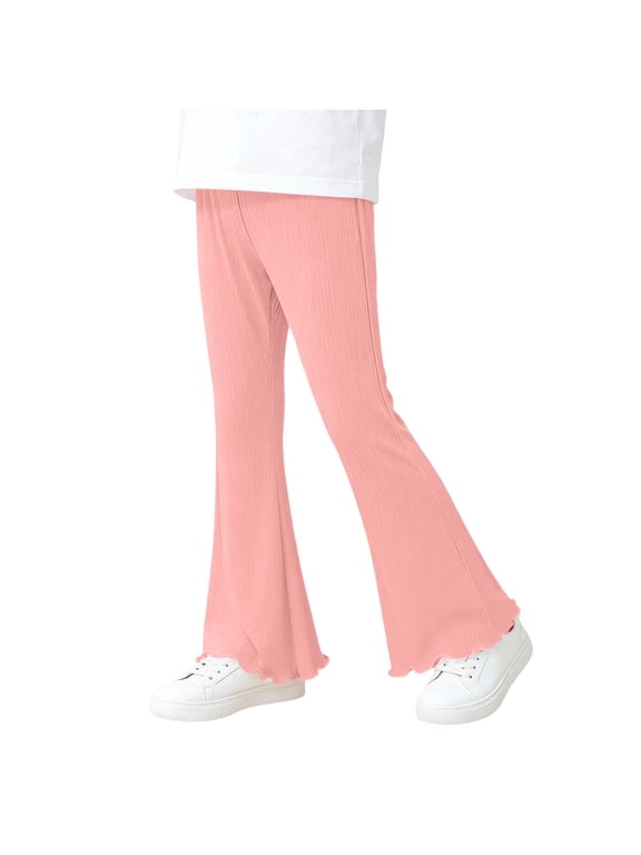 Girls Casual Flare Pants Elastic Waist Ribbed Ruffle Bell Bottom Lightweight Sweat Pants Size 0-12 Years
