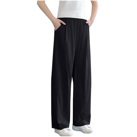 Plebaso Girls Casual Pants Summer Wide Leg Trousers with Pockets Elastic Waist Loose Trousers for Kids