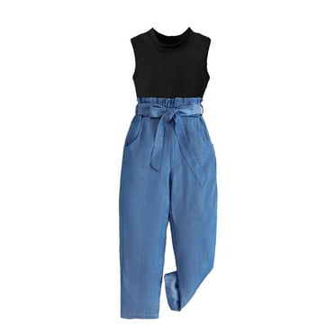 Plebaso Girls' Casual Sleeveless Turndown Neck Strap Loose Botton Solid Color Long Pant Jumpsuit Tank Top Sets Baby Summer Clothes