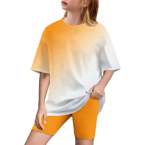 Plebaso Girls Clothes Summer Gradient Color 2 Piece Short Sleeve T-Shirts Biker Shorts Sets for Kids