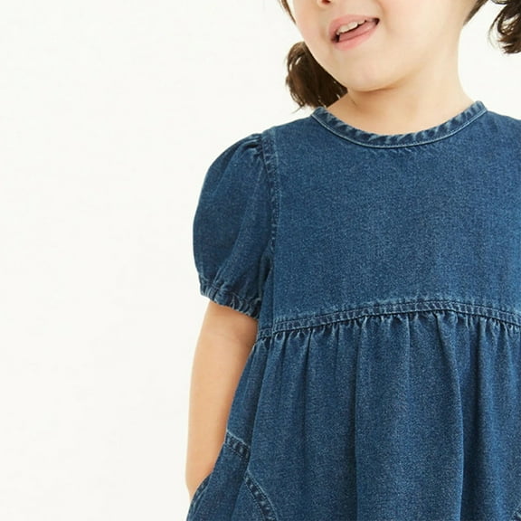 Plebaso Girls Denim Dresses Summer Solid Color Short Sleeve Soft Dress Baby Clothes