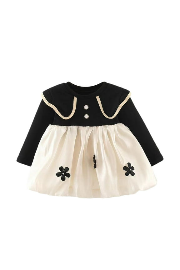 Girls Dresses Cute Long Sleeve Mesh Patchwork Flower Dress for Birthday Party Gift