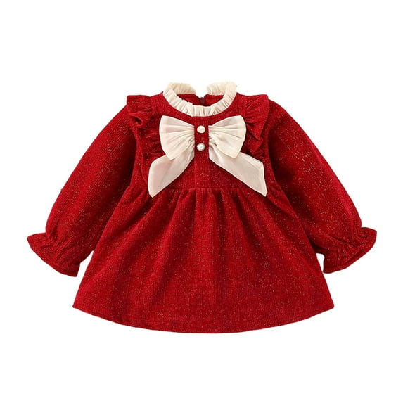 Plebaso Girls Dresses Fall Winter Bow Collar Long Sleeve Ruffle Tunic Shirt Dress Baby Clothes