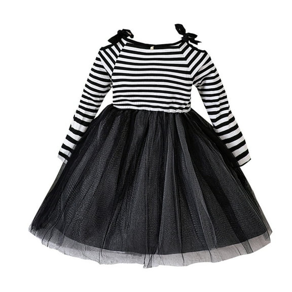 Plebaso Girls Dresses Knit Stripe Long Sleeve Strapless Bow Patchwork Mesh Dress Baby Spring Summer Clothes