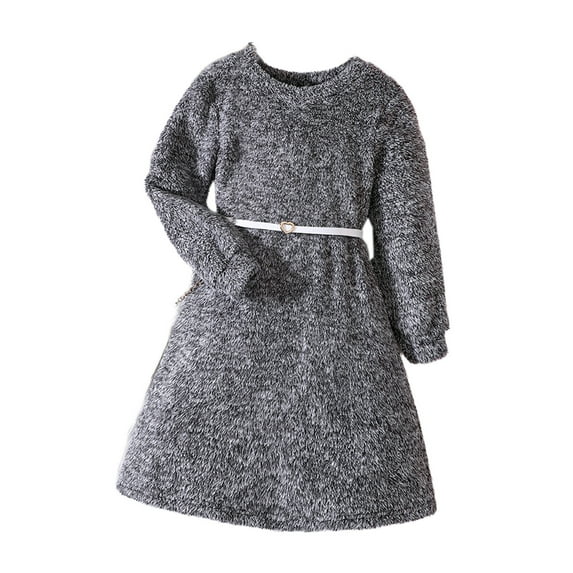 Plebaso Girls Dresses Round Neck Long Sleeve Plush Warm Dress With Belt Baby Fall Winter Clothes