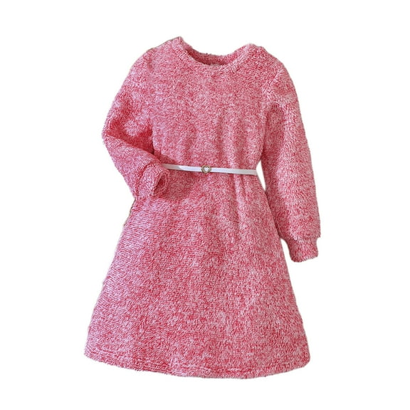 Plebaso Girls Dresses Round Neck Long Sleeve Plush Warm Dress With Belt Baby Fall Winter Clothes
