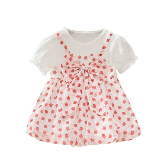 Plebaso Girls Dresses Short Sleeve Printed Mesh Suspender Dress Baby Summer Clothes