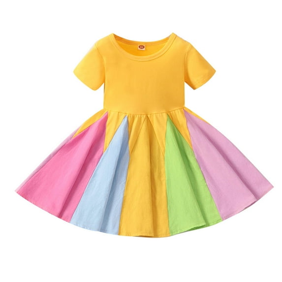 Plebaso Girls Dresses Short Sleeve Sweet Ruffle Colourful Patchwork Dress Baby Summer Clothes