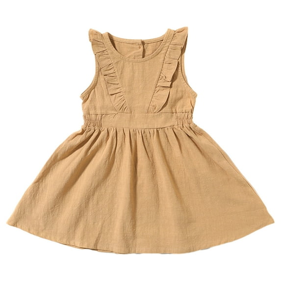 Plebaso Girls Dresses Spring Summer Sleeveless Solid Color Cotton Linen Dress Baby Clothes