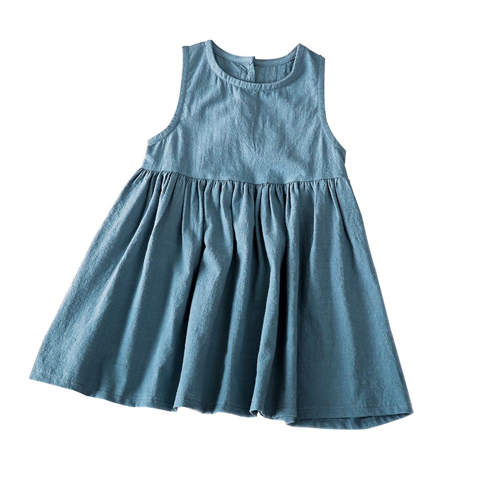 Plebaso Girls Dresses Spring Summer Sleeveless Solid Color Cotton Linen ...