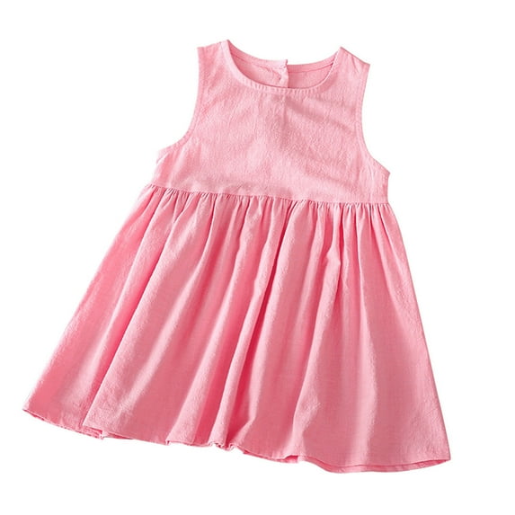 Plebaso Girls Dresses Spring Summer Sleeveless Solid Color Cotton Linen Dress Baby Clothes