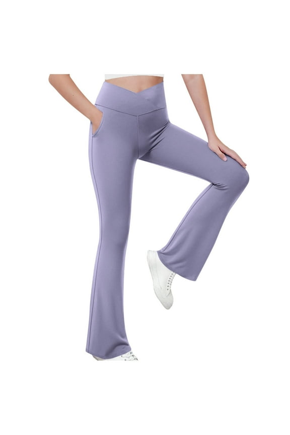 Girls Flare Leggings with Pockets Crossover High Waist Yoga Pants Stretch Dance Bell Bottoms