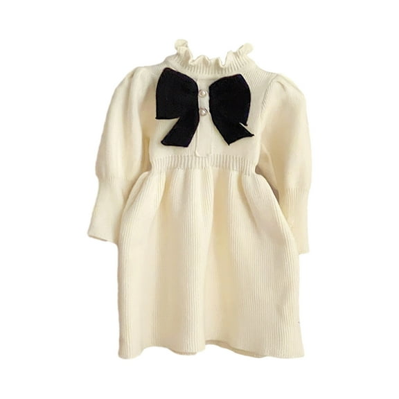 Plebaso Girls Knitted Dresses Long-sleeved Solid Color Bow Sweater Princess Dress Baby Spring And Fall Clothes
