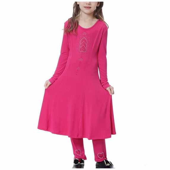 Plebaso Girls Muslim Long Dresses Cute Solid Color Round Neck Long Sleeves Dress Pants Suit Baby Clothes