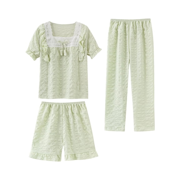 Plebaso Girls Pajama Set Short Sleeve Tops Sleepwear Shorts Long Pants 3 Piece Kids Loungewear Outfits