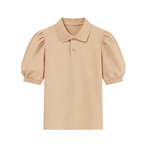 Plebaso Girls Puff Short Sleeve T Shirts Collared Golf Tee Activewear School Uniform Solid Color Button Tops