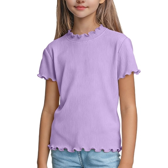 Plebaso Girls Ribbed Knit T-Shirts Short Sleeve Ruffle Trim Tee Shirts Solid Color Summer Casual Tops