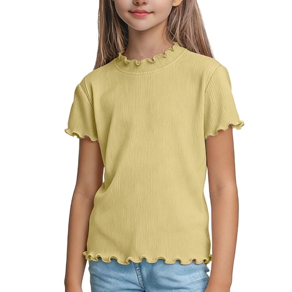 Plebaso Girls Ribbed Knit T-Shirts Short Sleeve Ruffle Trim Tee Shirts Solid Color Summer Casual Tops