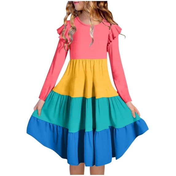Plebaso Girls Ruffle Long Sleeve Dresses Ruffle Tiered Dresses Kids Girls Crew Neck Flowy Midi Dresses