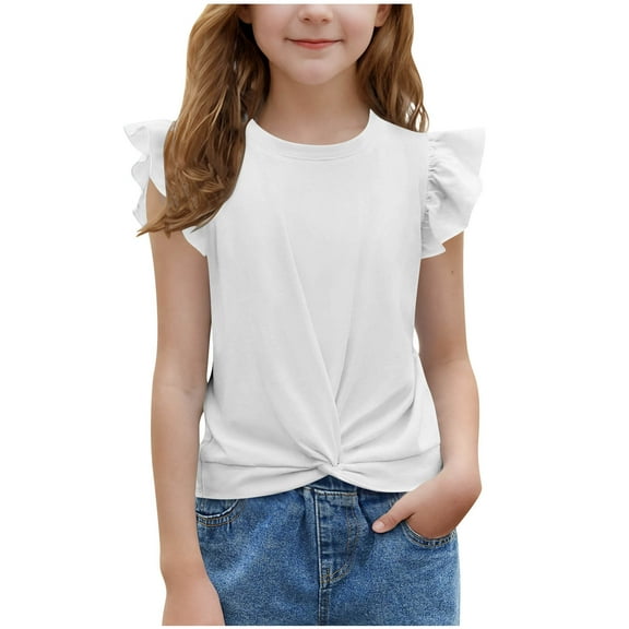 Plebaso Girls Summer T Shirts Ruffle Short Sleeve Twist-Front Shirts Casual Crewneck Summer Tee Tops