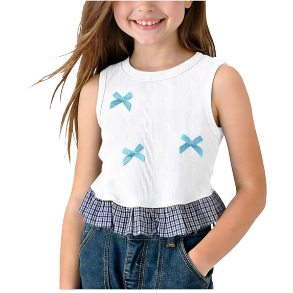 Plebaso Girls Tank Tops with Ruffle Hem Cute Bow Sleeveless Crewneck Kids Girls Crop Tops for 0-10 Years