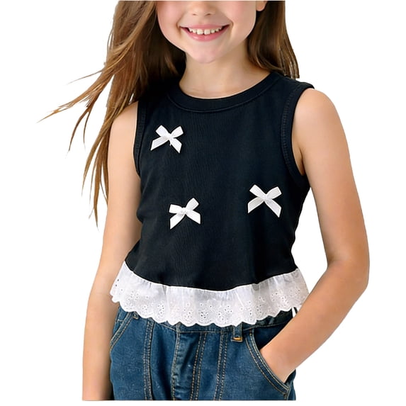 Plebaso Girls Tank Tops with Ruffle Hem Cute Bow Sleeveless Crewneck Kids Girls Crop Tops for 0-10 Years