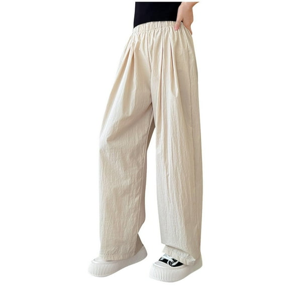 Plebaso Girls Wide Leg Pants Casual Elastic Waist Thin Pants Plain Lightweight Trousers with Pockets