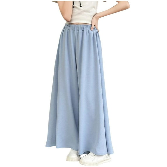 Plebaso Girls Wide Leg Pants Summer Lightweight Pants High Waisted Solid Color Casual Loose Trousers