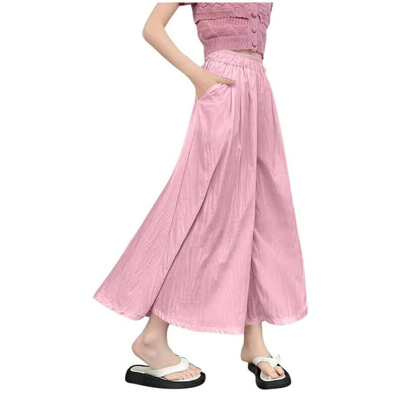 Plebaso Girls Wide Leg Pants with Pockets Elastic High Waist Casual Pants Kids Girls Lightweight Trousers