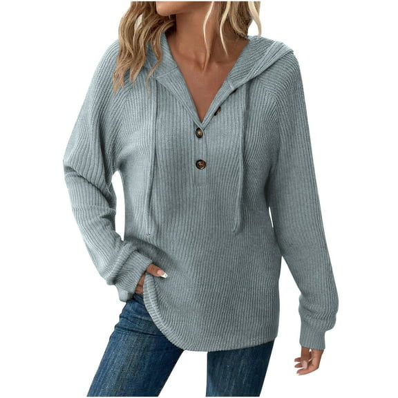 Plebaso Hoodies for Women Casual Knit Hooded Tshirts Button V Neck Womens Loose Pullover with Drawstring