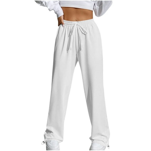 Plebaso Jogging Pants for Women Trendy Drawstring Elastic Waist Solid Color Workout Out Full Length Sports Running Pants