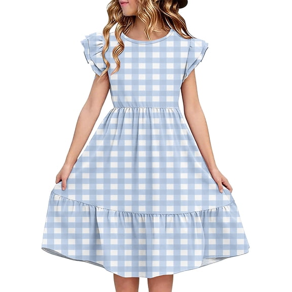Plebaso Kids Girls Ruffle Sleeve Dresses Crew Neck Tiered Midi Dresses Summer Flowy Casual Dresses for Girls