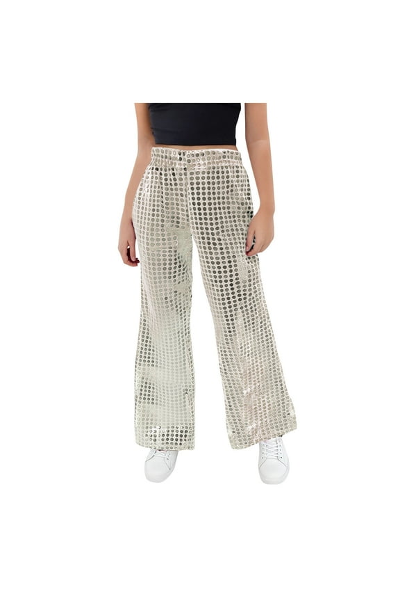 Kids Sequin Wide Leg Pants Sparkly High Waist Flare Pants Boys Girls Party Dance Trousers Clubwear