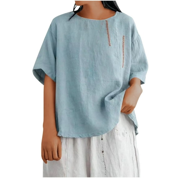 Plebaso Linen Tops for Women Plus Size Shirts Lightweight Summer Casual Short Sleeve Oversized T-Shirts