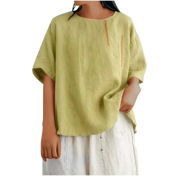 Plebaso Linen Tops for Women Plus Size Shirts Lightweight Summer Casual Short Sleeve Oversized T-Shirts