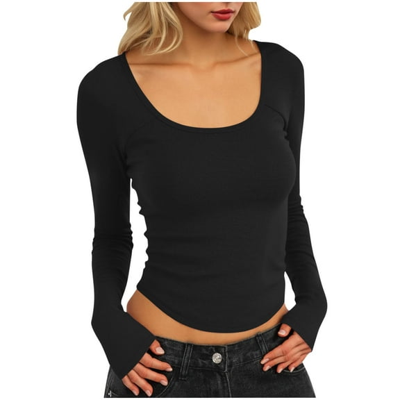 Plebaso Long Sleeve Crop Tops for Women Ribbed Knit Slim Tees Womens Casual Lightweight Going out Tops