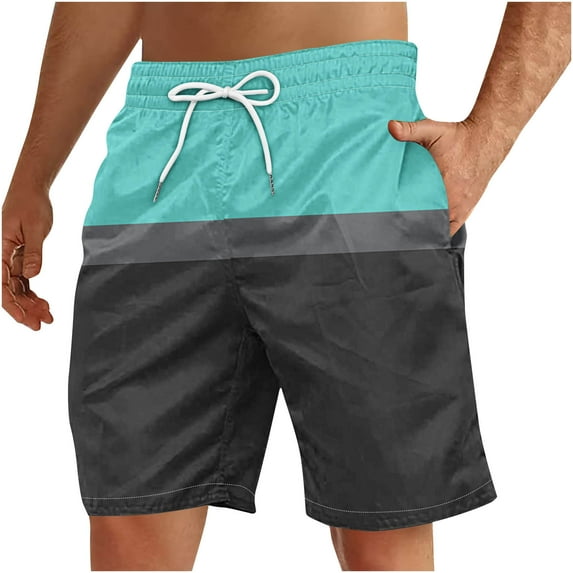 Plebaso Men's Beach Shorts Color Block Drawstring Casual Shorts Trendy Summer Vacation Shorts for Men