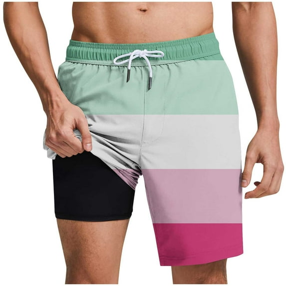 Plebaso Men's Beach Shorts with Comfortable Liner Elastic Waist Drawstring 2 in 1 Summer Shorts Swimwear