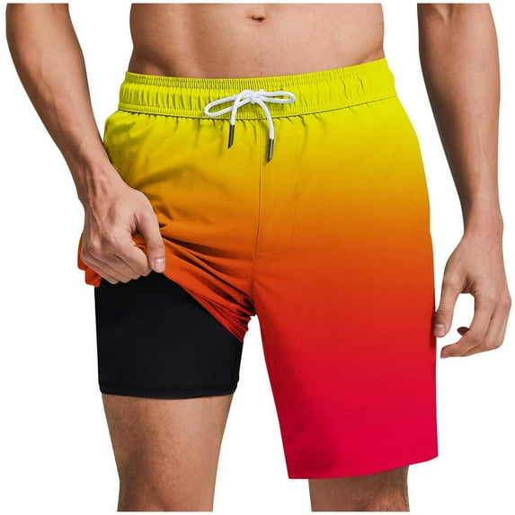 Plebaso Men's Beach Shorts with Comfortable Liner Elastic Waist Drawstring 2 in 1 Summer Shorts Swimwear