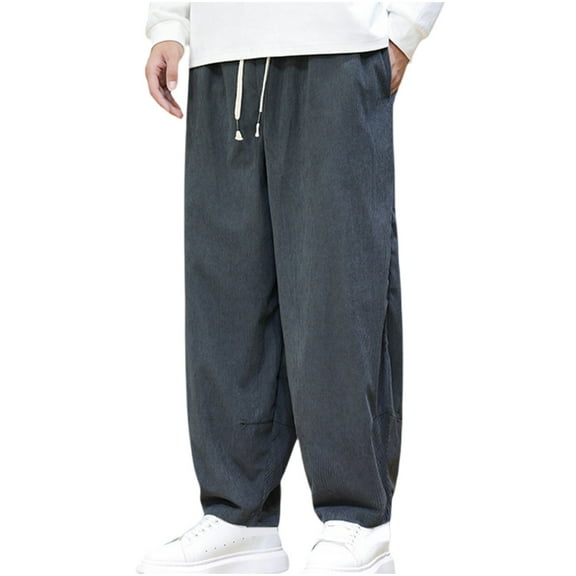 Plebaso Men's Corduroy Pants Drawstring Elastic Waist Casual Pants Loose Vintage Long Trousers for Men