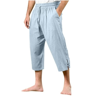 Plebaso Men's Cotton Linen Capri Pants Summer Baggy Beach Capris Drawstring Casual Pocket Pants for Men