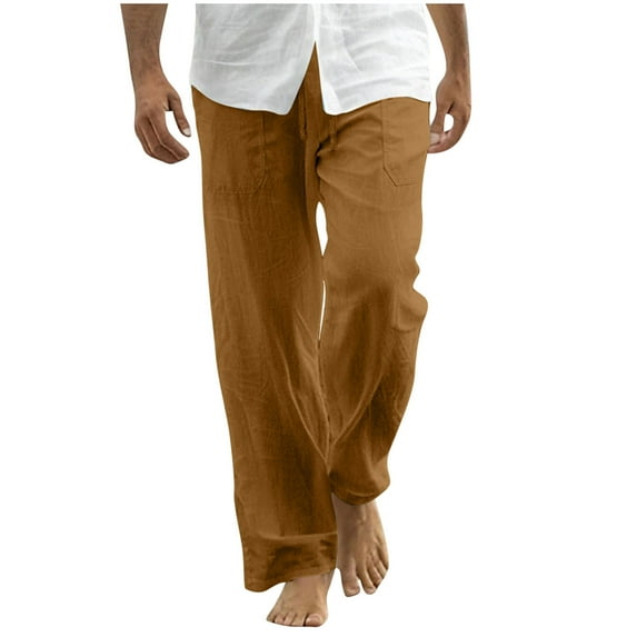 Plebaso Men's Cotton Linen Pants Elastic Waist Casual Pants with Pockets Lightweight Plain Trousers for Men