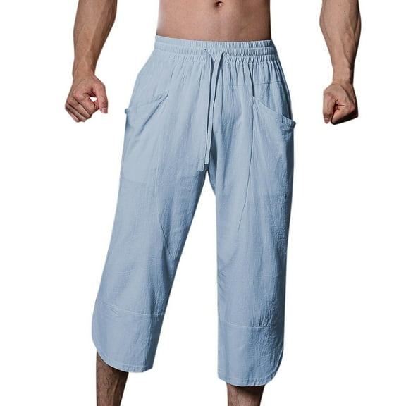 Plebaso Men's Linen Cotton Capri Pants Drawstring Casual Capris Lightweight Summer Beach Pants for Men