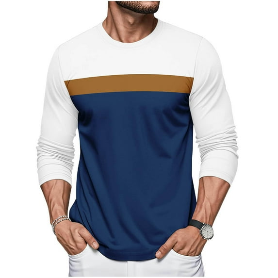 Plebaso Men's Long Sleeve T-Shirts Color Block Pullover Casual Crewneck Lightweight Tees Tops for Men